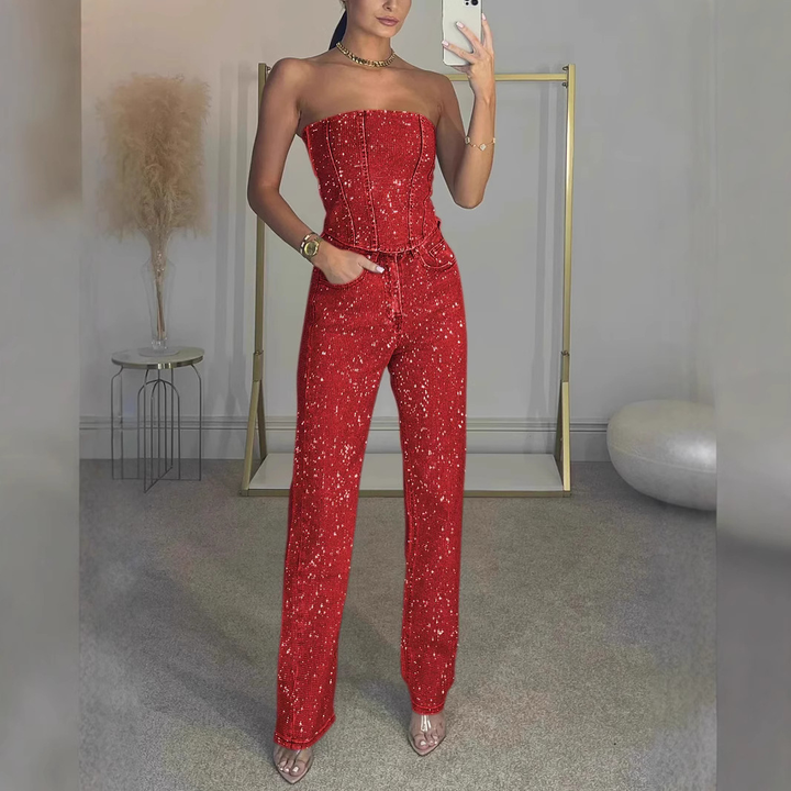 Dames Glitter Set Met Strapless Pailletten Croptop En Jeans