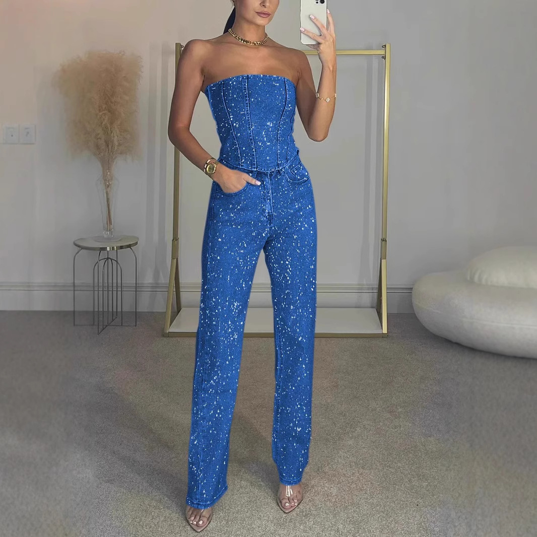 Dames Glitter Set Met Strapless Pailletten Croptop En Jeans