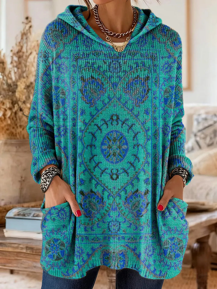 Vintage-geïnspireerde hoodie tuniek met zakken en etnische print