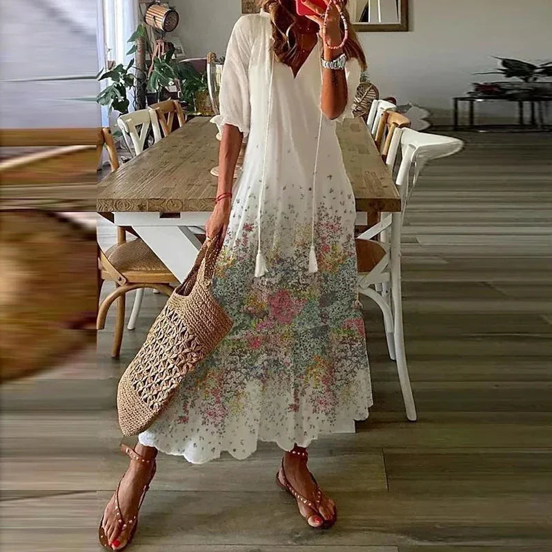 Boho Maxi Jurk Met Bloemenprint En V Hals