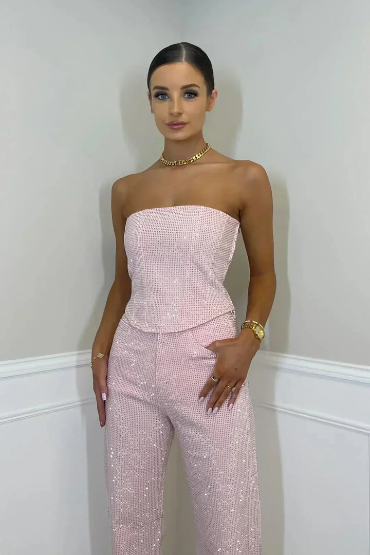 Dames Glitter Set Met Strapless Pailletten Croptop En Jeans