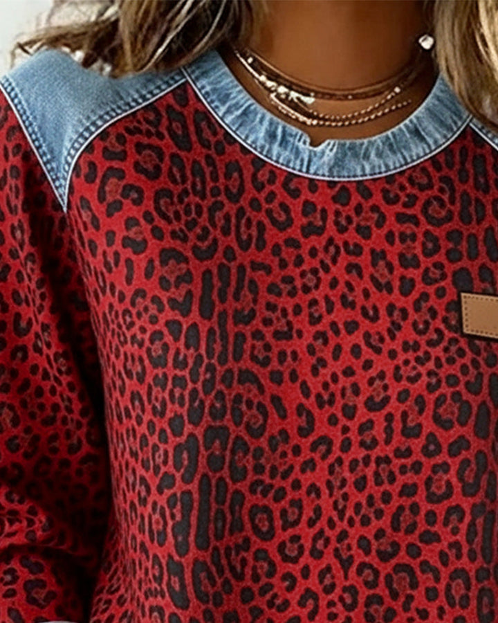Leopardprint Denim Patchwork Pullover