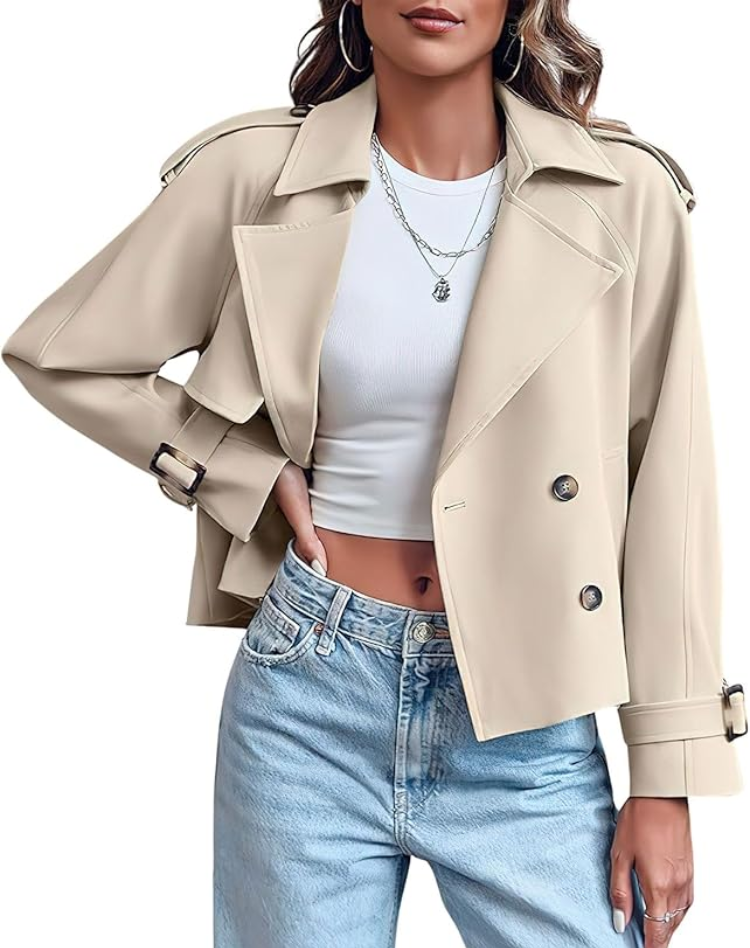 Beige Trenchcoat Dames Kort Klassiek met Ceintuur en Knoopsluiting