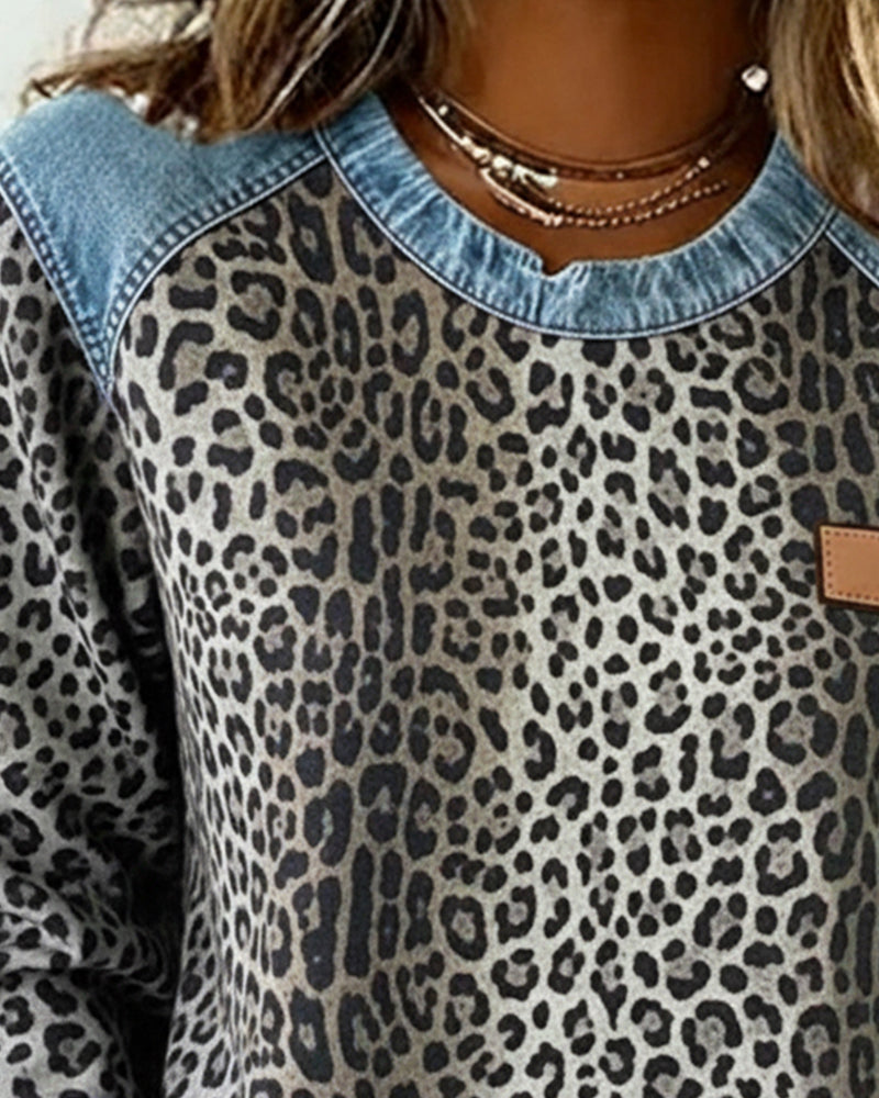Leopardprint Denim Patchwork Pullover