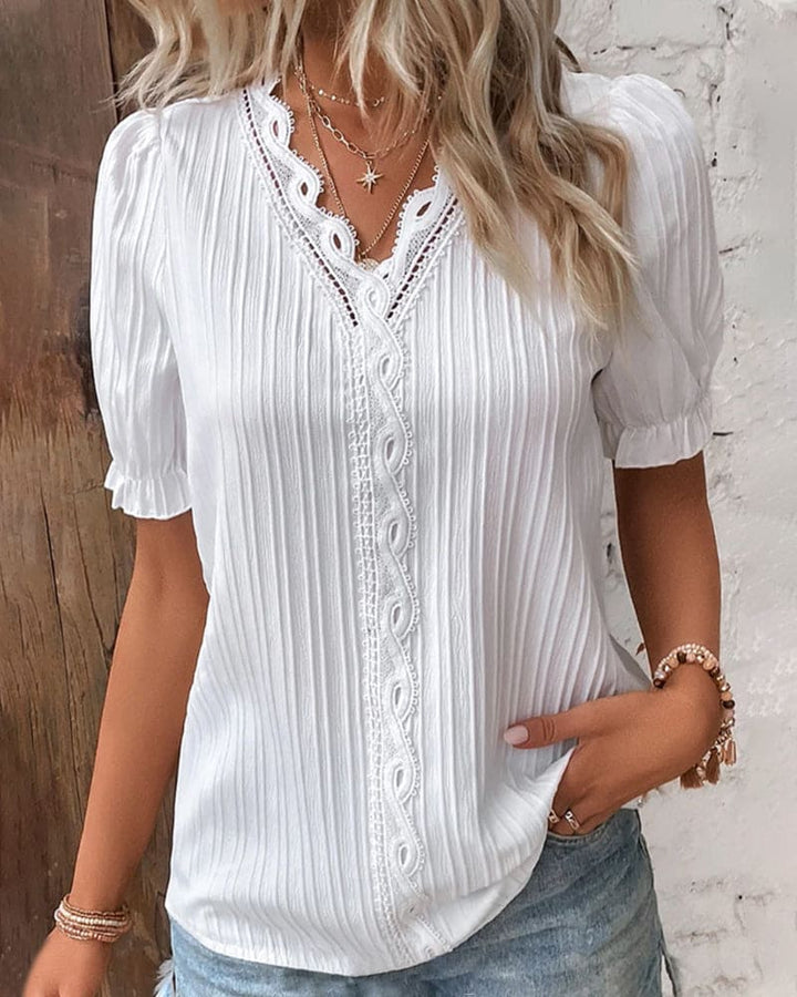 Elegante Geplooide Dames Blouse Met Kant En Korte Mouwen