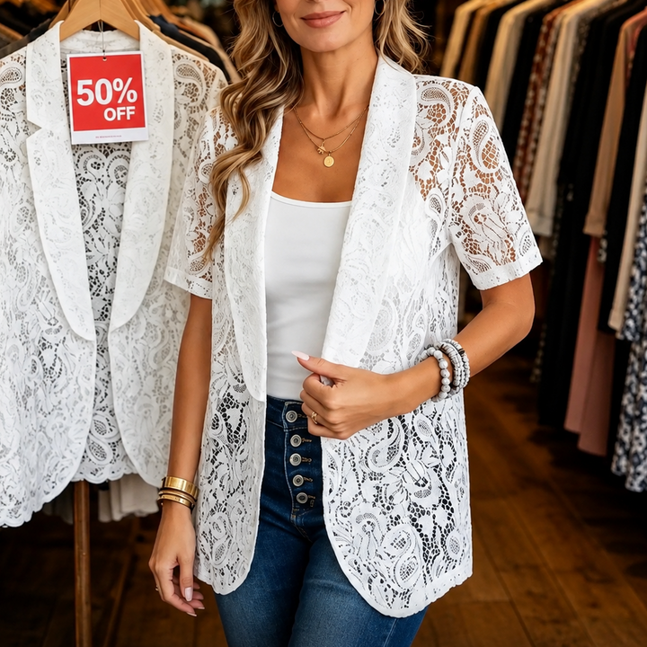 Veluna – Kanten-look Open-Front Korte Mouwen Vest