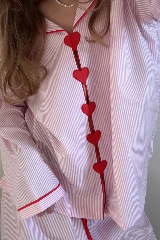 Comfortabele Pyjama Set Dames Tweedelig Met Hartjes Knoopjes