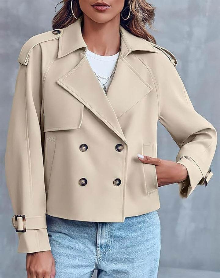 Beige Trenchcoat Dames Kort Klassiek met Ceintuur en Knoopsluiting