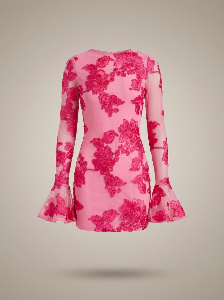 Mini Jurk Dames Aansluitend Bloemenprint Flare Mouwen Feestelijk
