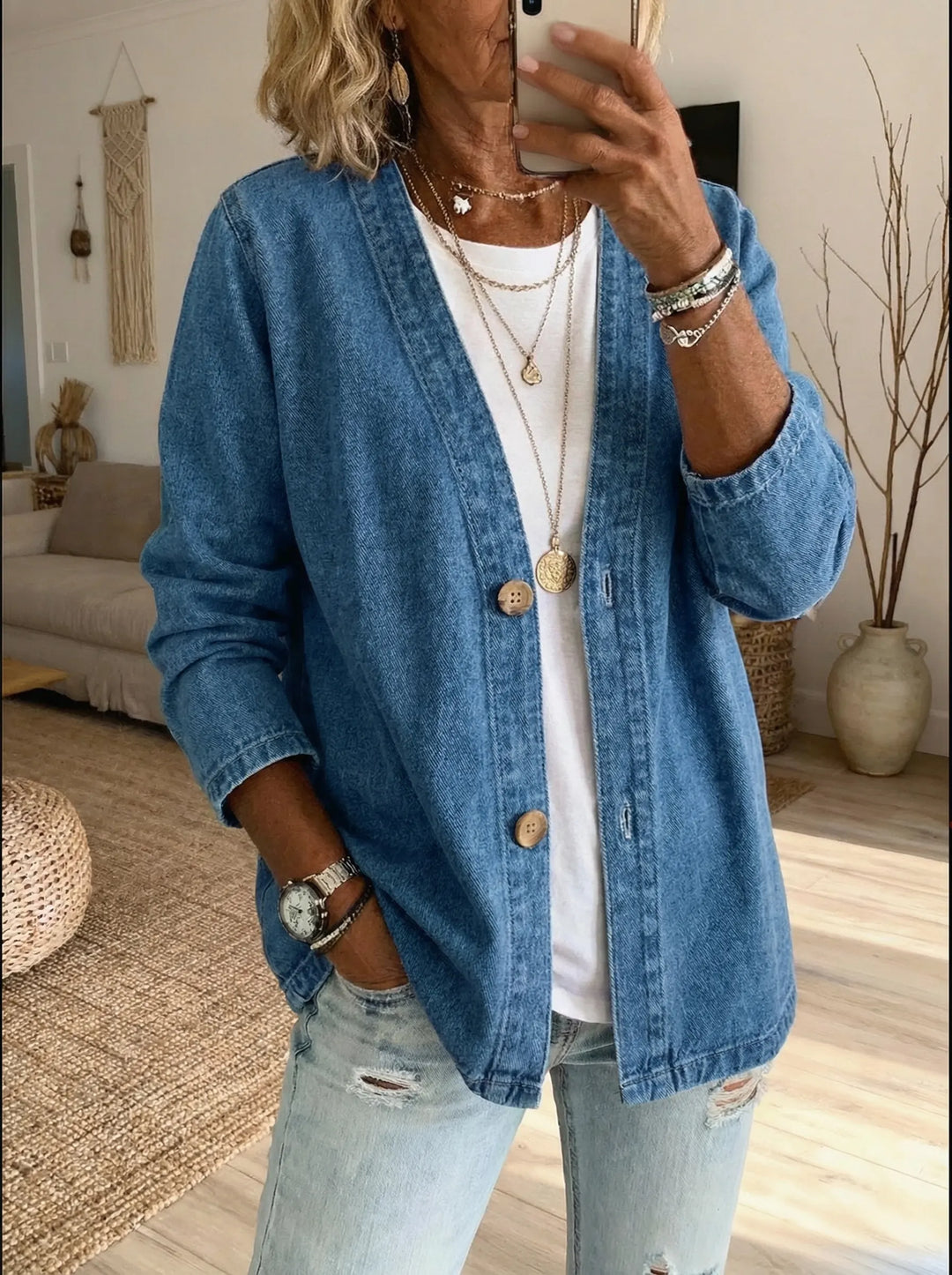 Dames Denim Cardigan met Knopen aan de Voorkant