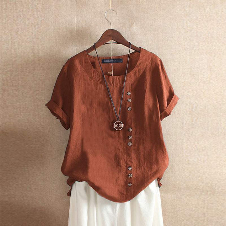 Linnen Blouse Met Korte Mouwen En Knoopsluiting Voor Dames