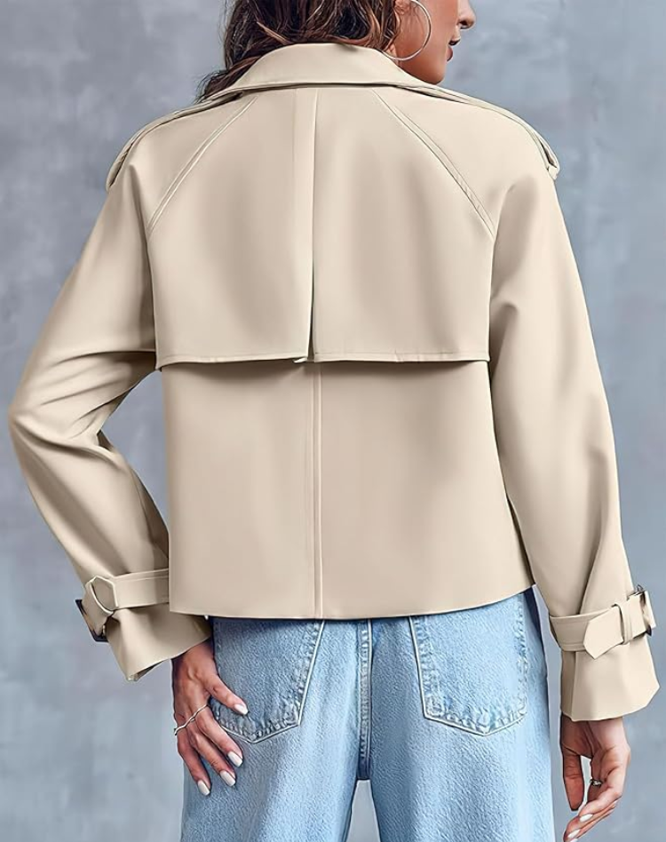 Beige Trenchcoat Dames Kort Klassiek met Ceintuur en Knoopsluiting