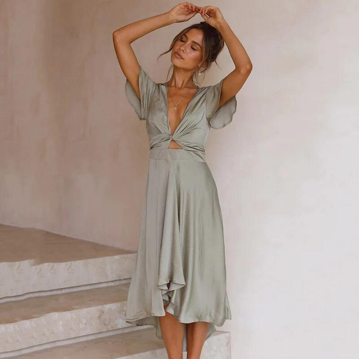 Eline - Elegante Zwierige Midi Jurk met V Hals voor Dames