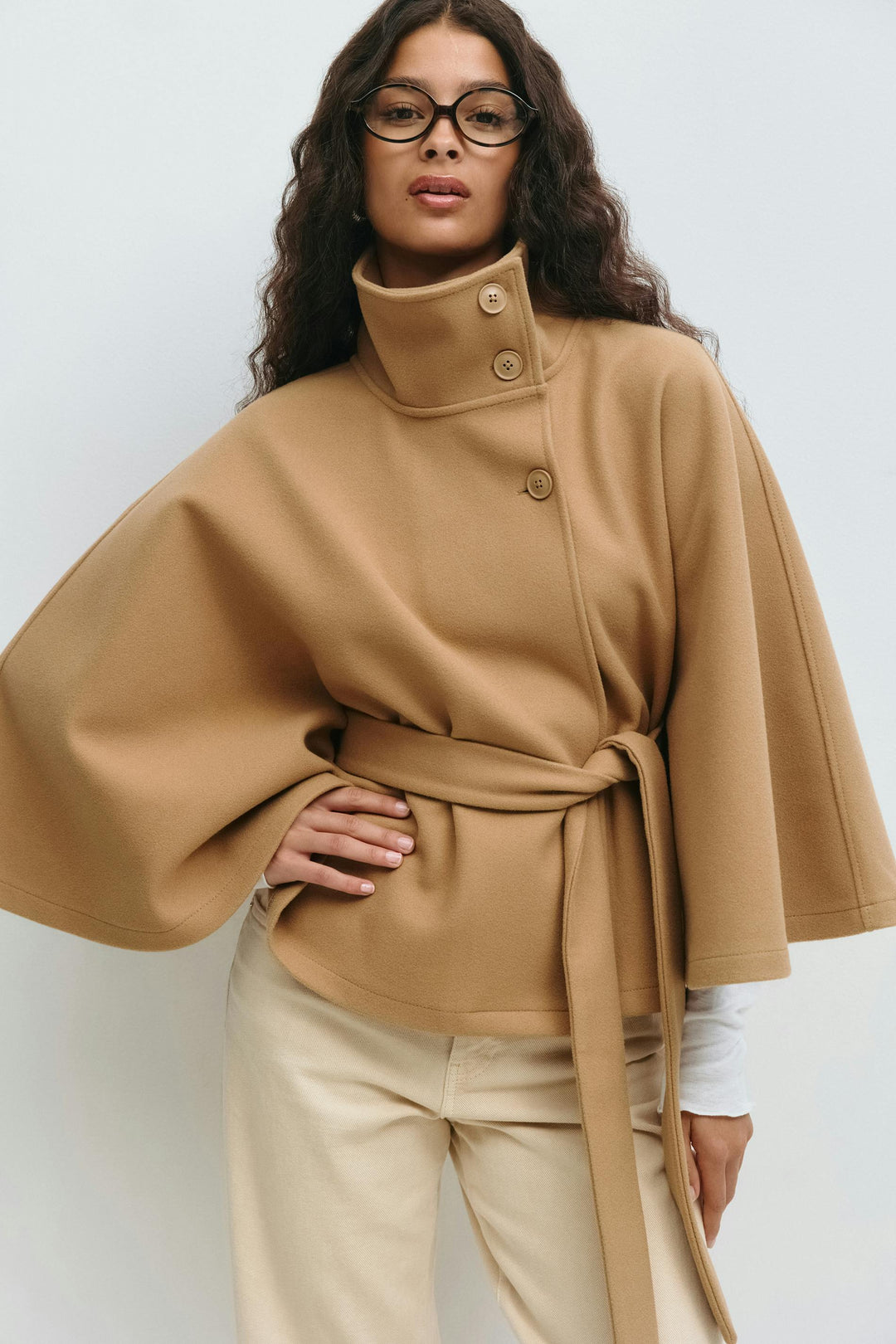 Cape Jas Dames Regular Fit Hoge Kraag Strik Ceintuur Winter