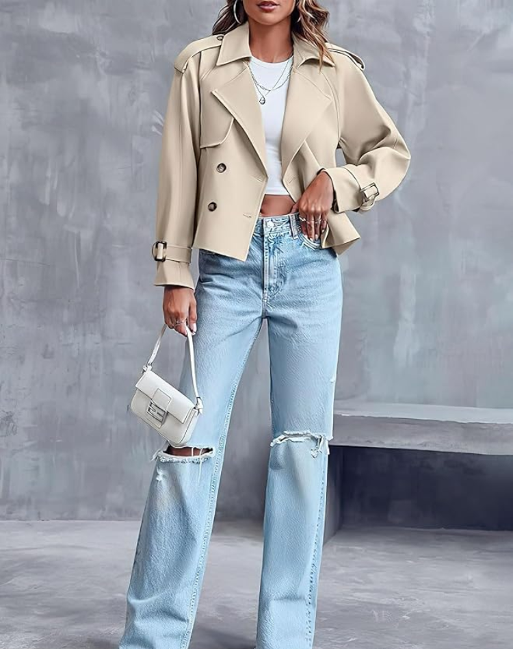 Beige Trenchcoat Dames Kort Klassiek met Ceintuur en Knoopsluiting