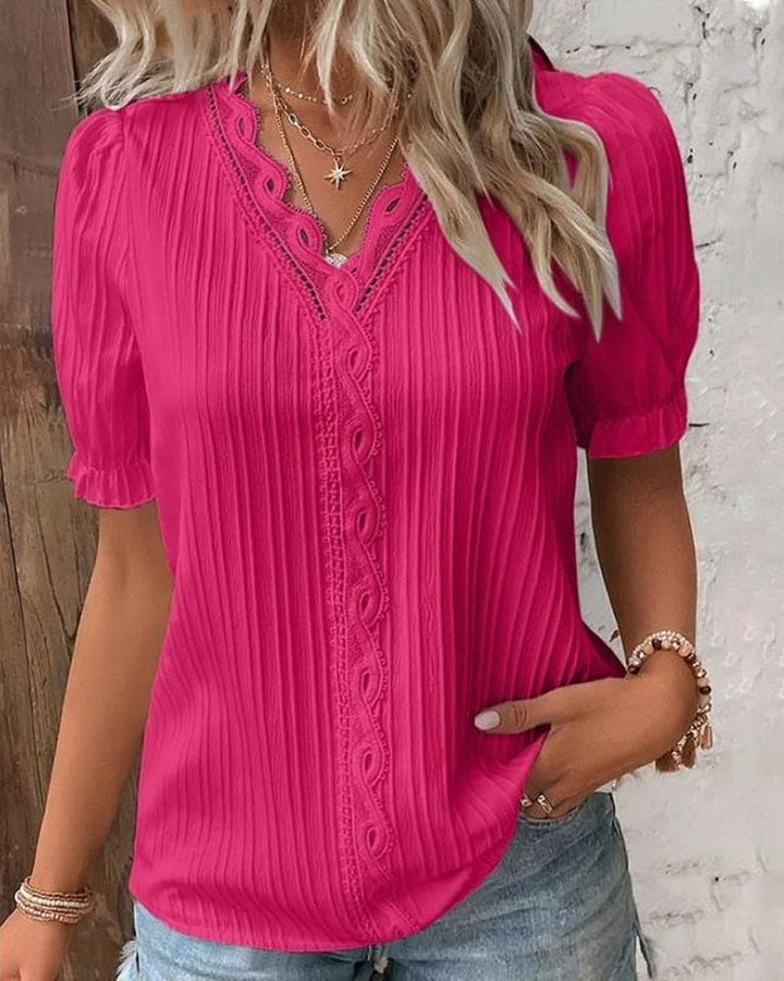 Elegante Geplooide Dames Blouse Met Kant En Korte Mouwen