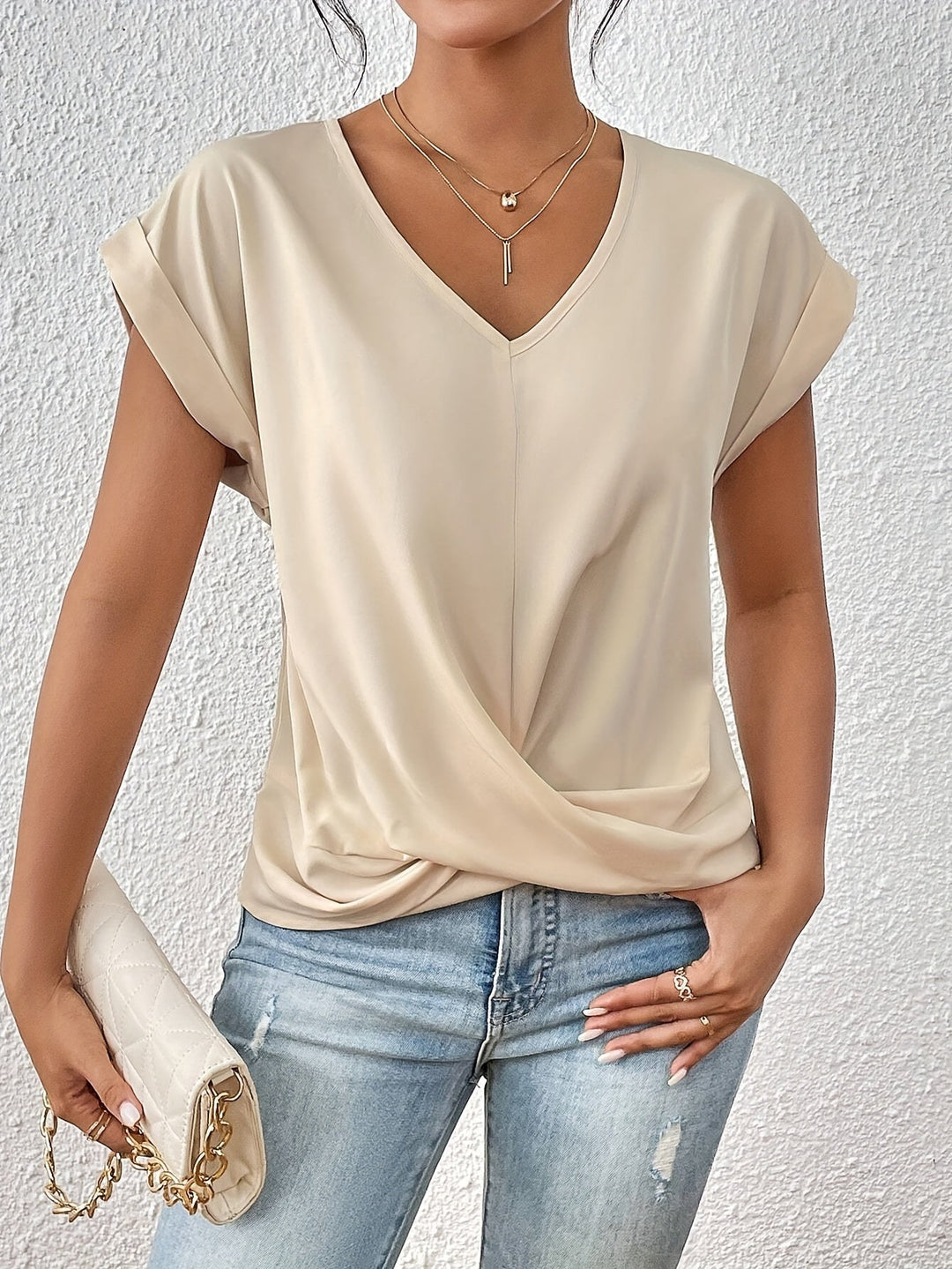 Chique Dames Blouse met V-hals en Gedrapeerd Detail