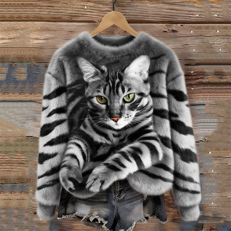 Gezellig Pluche Sweatshirt met een Tijger- en Tabby-Kitten-Design