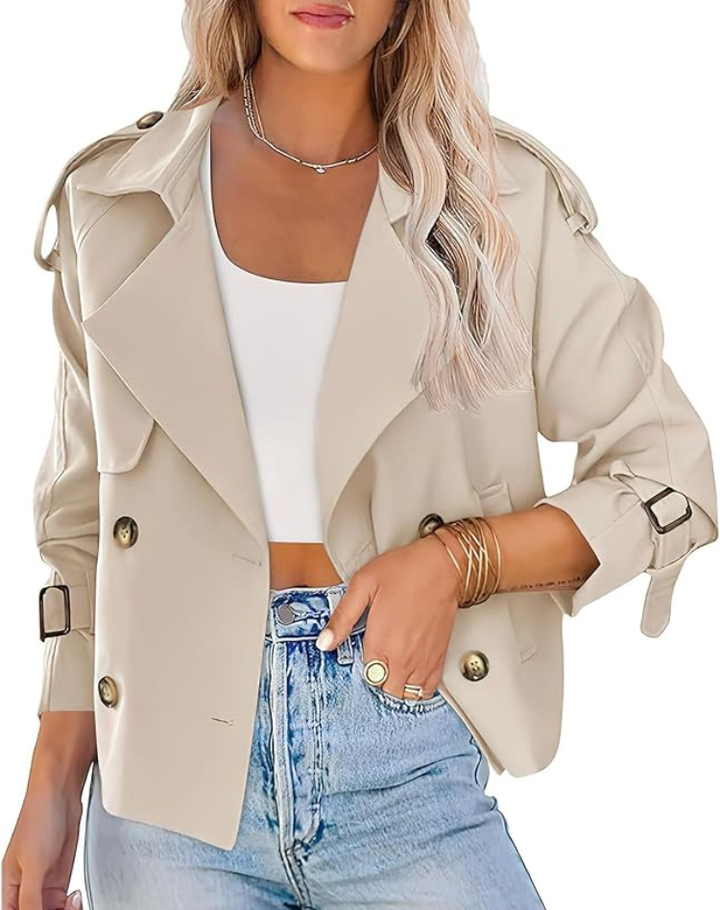 Beige Trenchcoat Dames Kort Klassiek met Ceintuur en Knoopsluiting