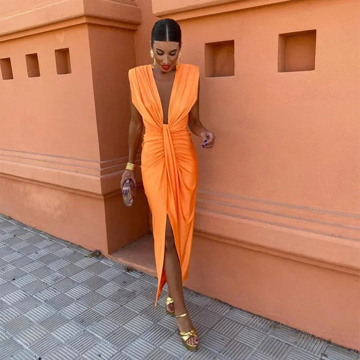 Chique Dames Gala Midi Jurk Met Diepe V Hals En Hoge Split