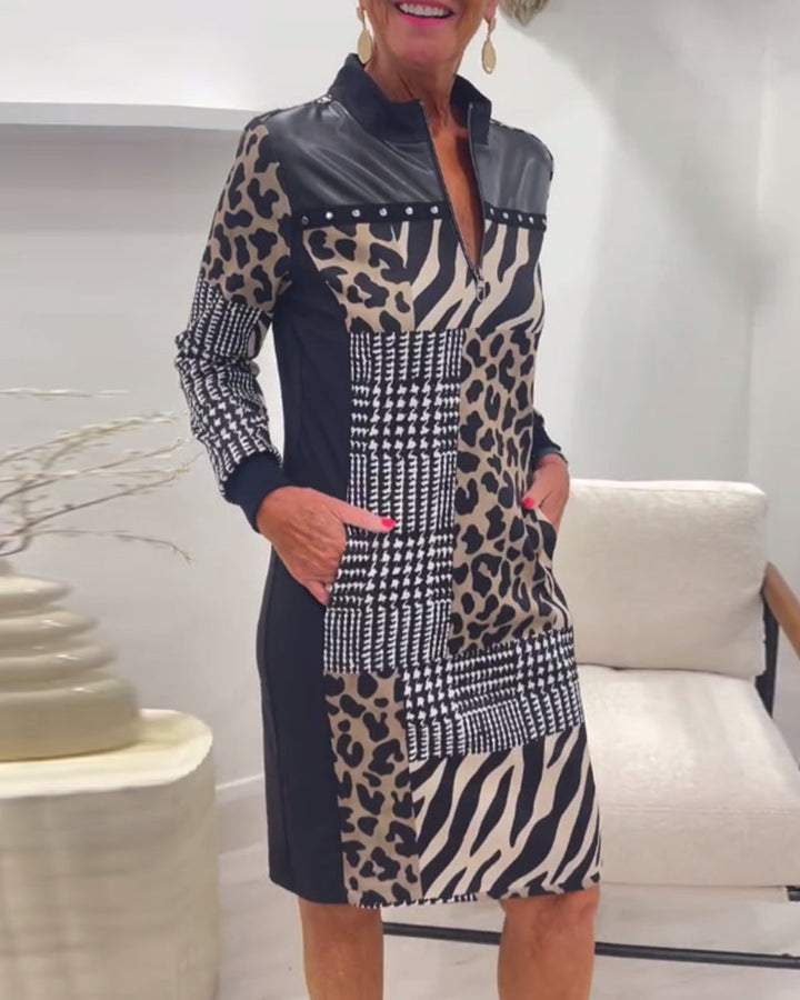 Stijlvolle Dames Party Midi Jurk Met Patchwork Print En Lange Mouwen