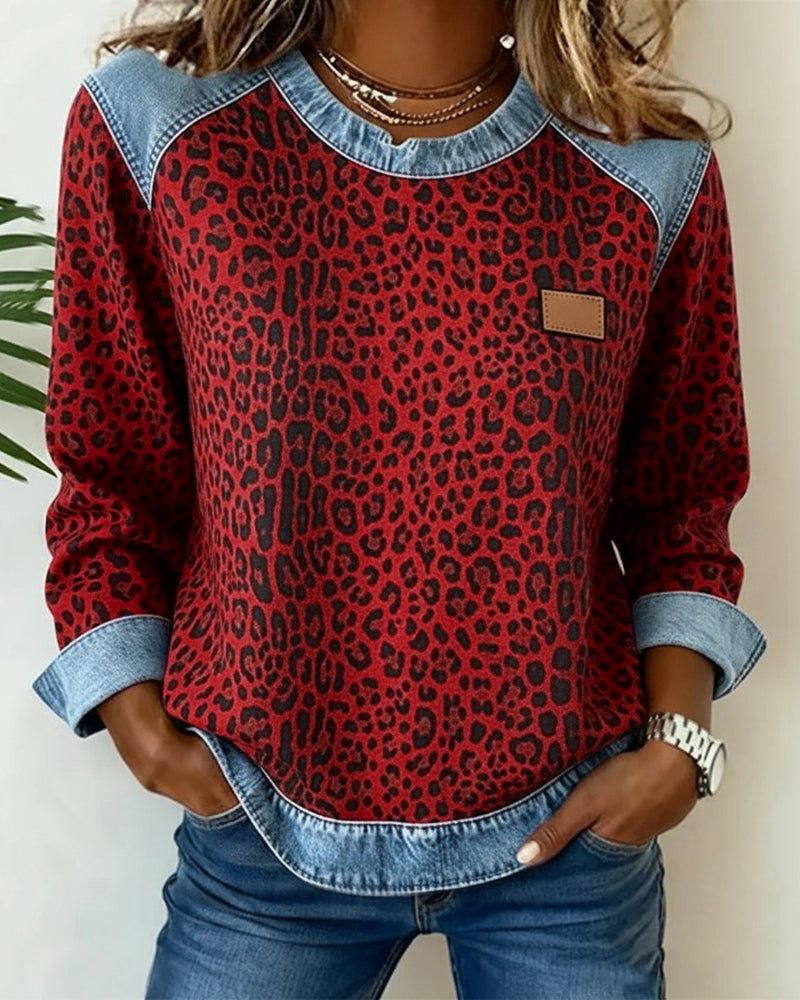 Leopardprint Denim Patchwork Pullover