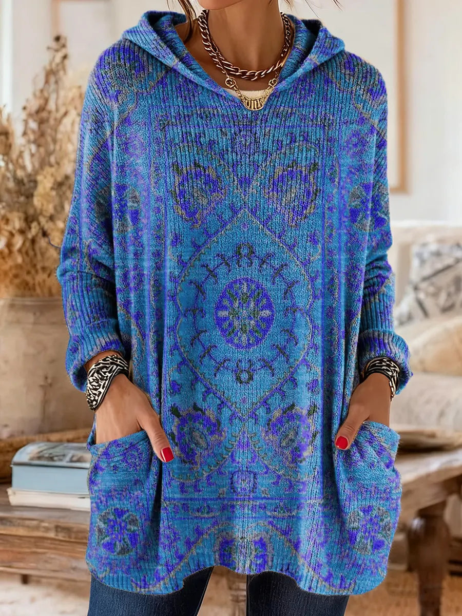 Vintage-geïnspireerde hoodie tuniek met zakken en etnische print