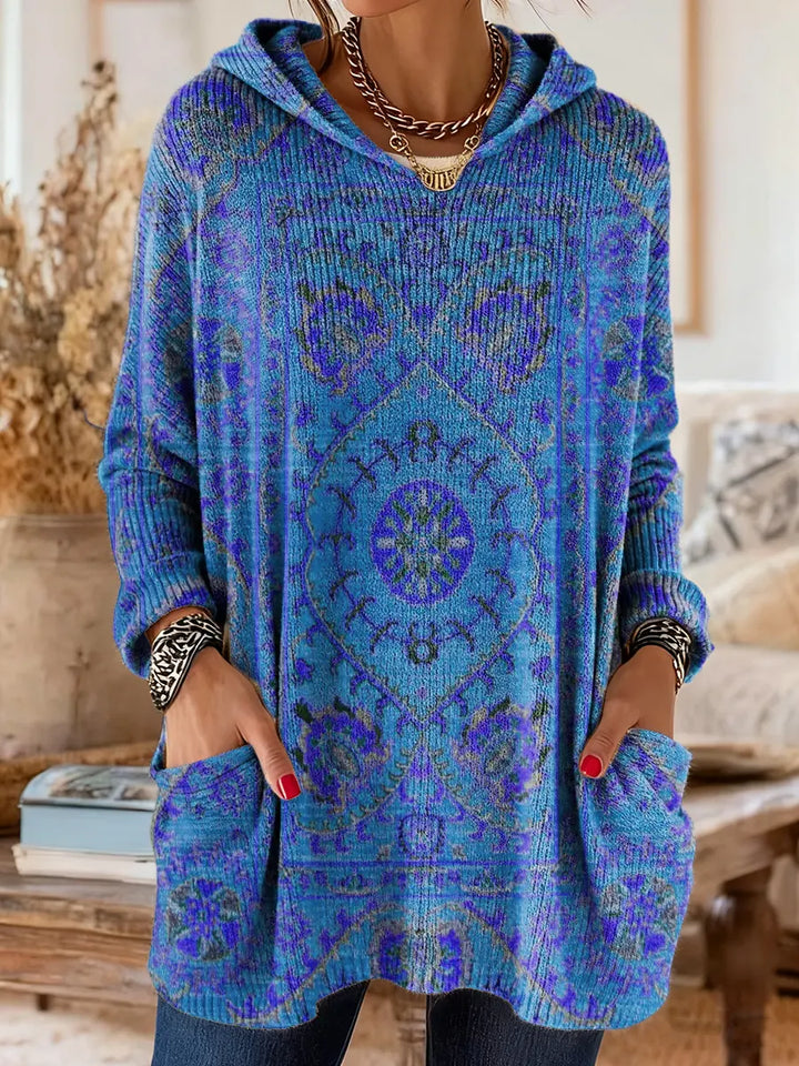 Vintage-geïnspireerde hoodie tuniek met zakken en etnische print