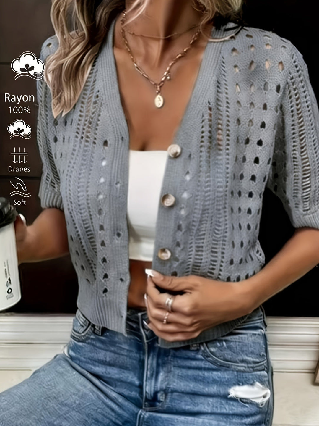 Delphine | Open-Knit Korte Mouwen Cardigan