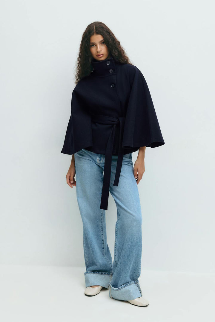 Cape Jas Dames Regular Fit Hoge Kraag Strik Ceintuur Winter