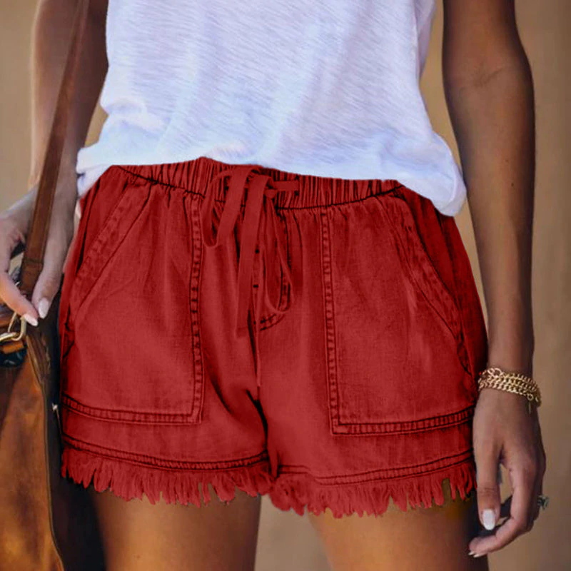 Dames Denim Short Met Trekkoord En Raffelzoom