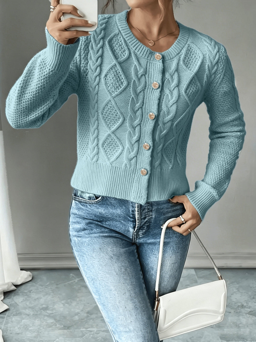 Eleanora | Kabelgebreide Knopen-Voorkant Cardigan