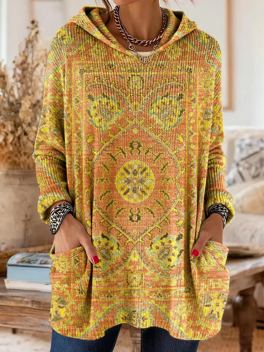 Vintage-geïnspireerde hoodie tuniek met zakken en etnische print