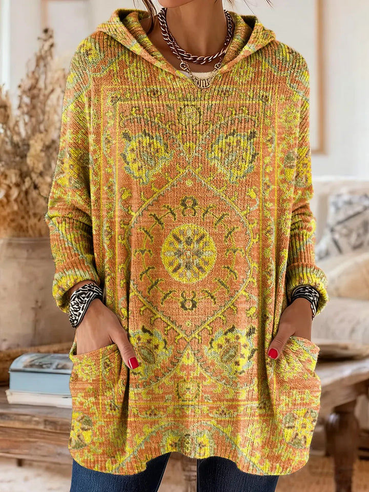 Vintage-geïnspireerde hoodie tuniek met zakken en etnische print
