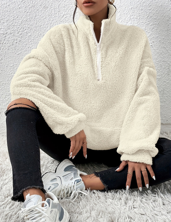 Zachte Warme Fleece Trui Dames met Half Zip en Hoge Kraag