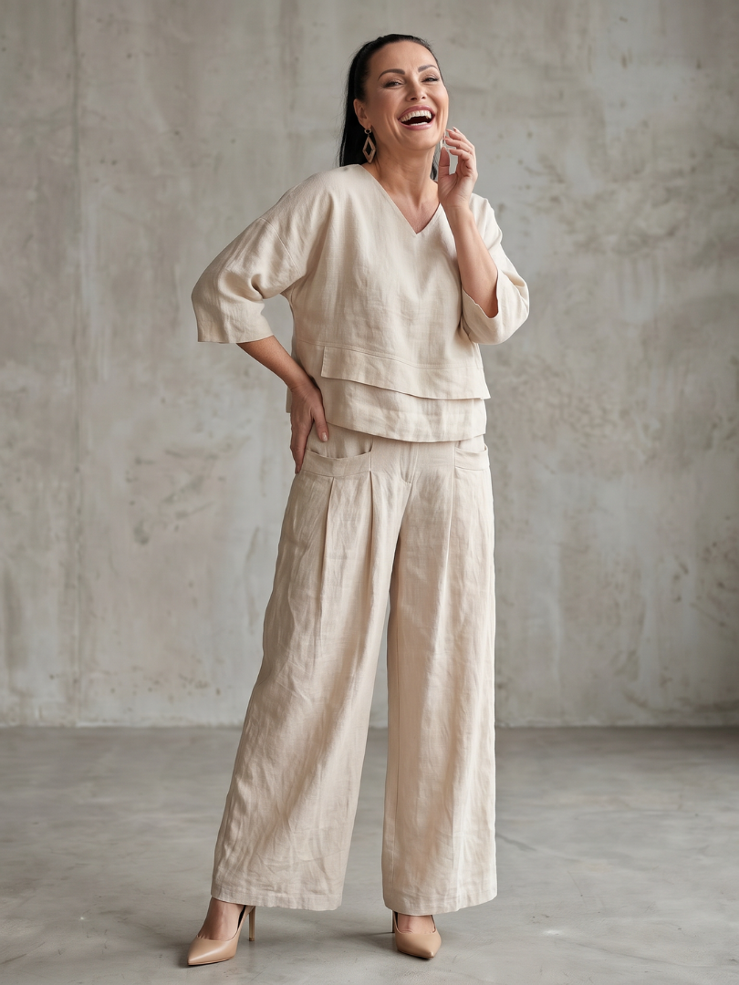 Anouk - Stijlvolle Linnen Co-ord Set Dames met Gelaagde Top en Palazzo Broek