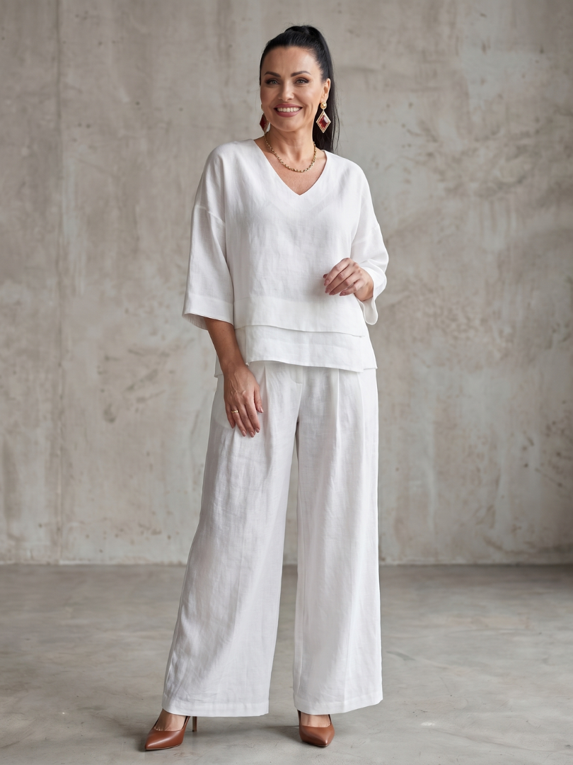 Anouk - Stijlvolle Linnen Co-ord Set Dames met Gelaagde Top en Palazzo Broek