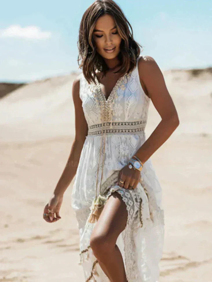 Dames boho maxi jurk met kant en zomer festival look