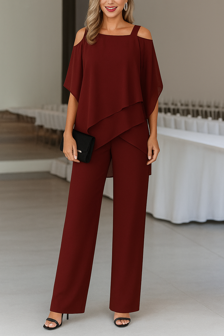 Elegante Luchtige Dames Set Met Off Shoulder Top En Wijde Broek