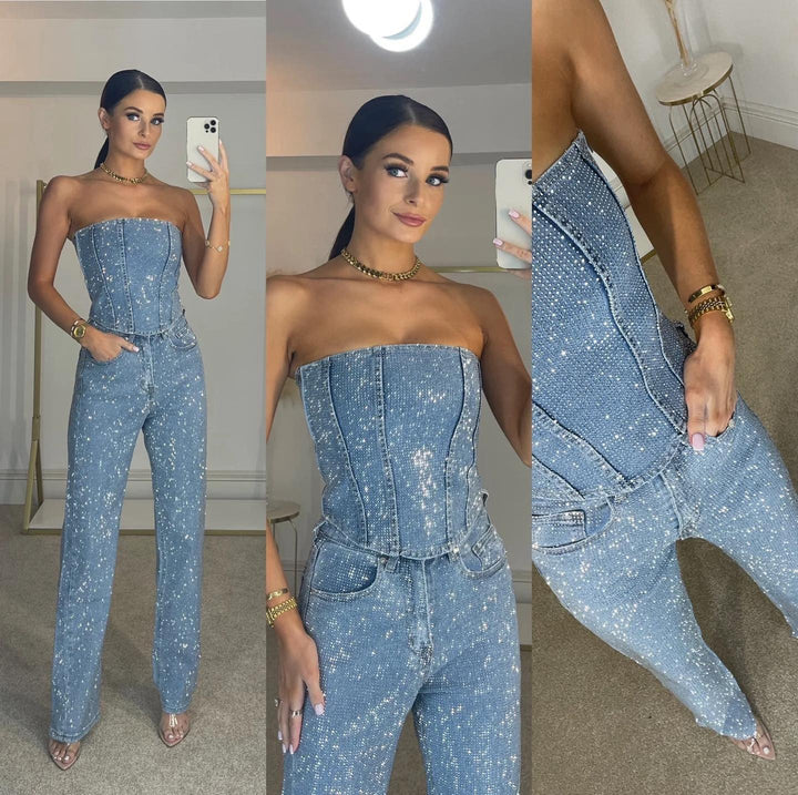Dames Glitter Set Met Strapless Pailletten Croptop En Jeans
