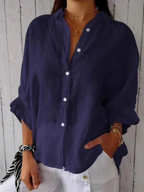 Dames Linnen Blouse Met Lange Mouwen En Losse Pasvorm
