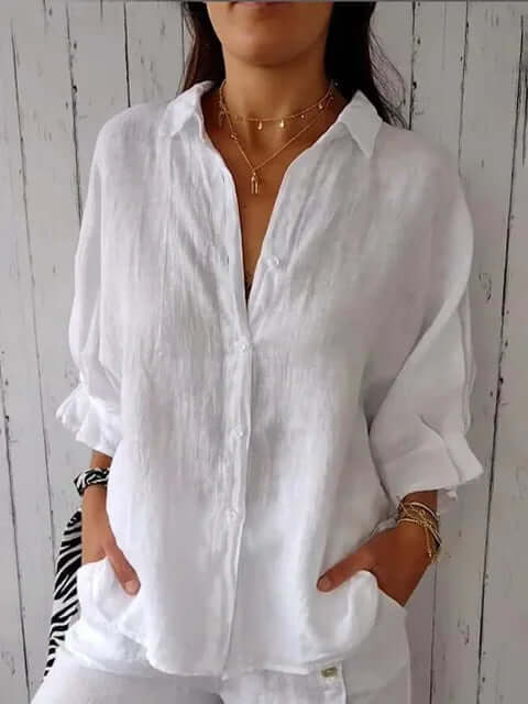 Dames Linnen Blouse Met Lange Mouwen En Losse Pasvorm