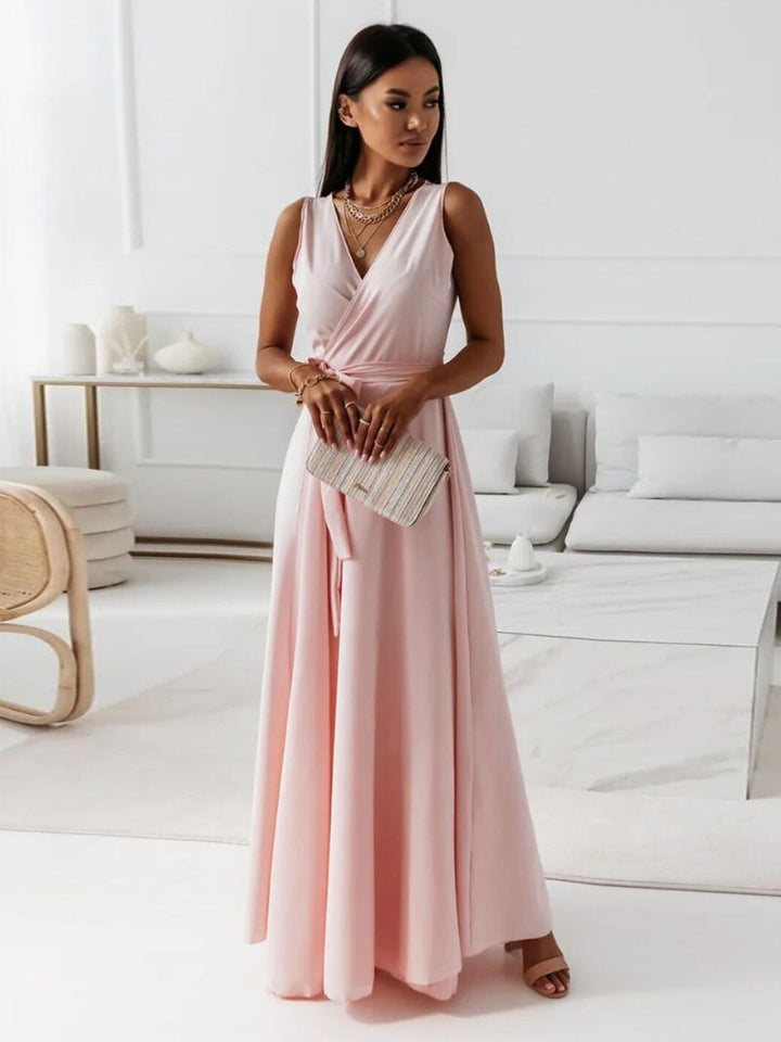 Elegante Cocktail Maxi Jurk Met V Hals En Strikdetail