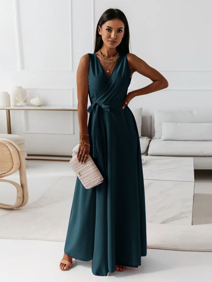 Elegante Cocktail Maxi Jurk Met V Hals En Strikdetail