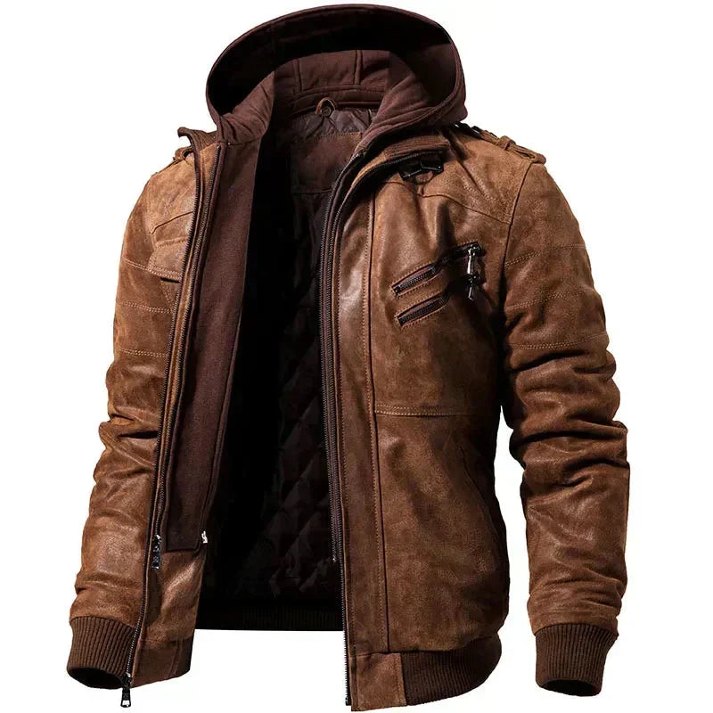 Heren Leren Hooded Casual Zip-Up Jas