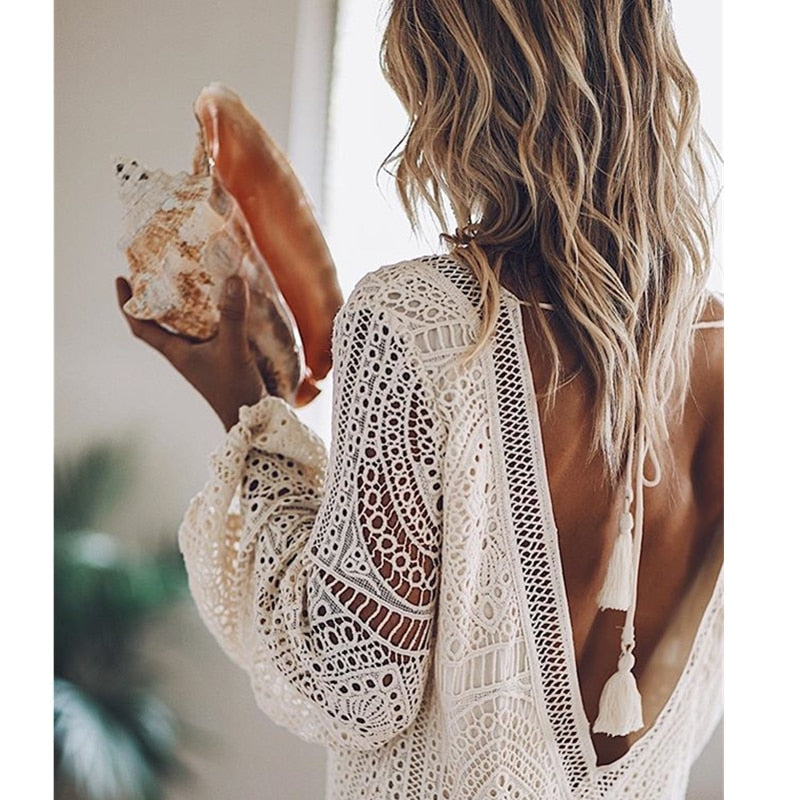 Zomerse Boho Mini Jurk Met Kant En Lange Mouwen Voor Dames