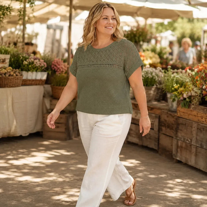 Wearbella – Open Gebreide Korte Mouwen Top, Wafeltextuur Lente Zomer Blouse voor Vrouwen
