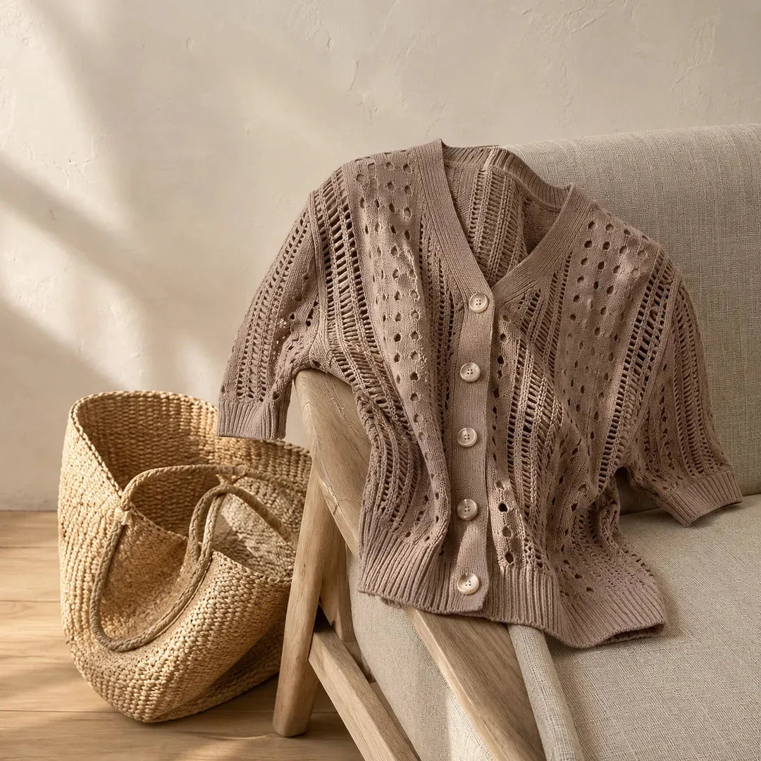 Lianora – Korte Mouw Open Gebreide Knopen Cardigan voor Vrouwen