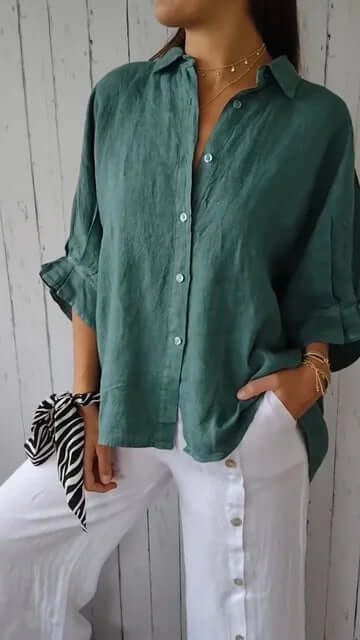 Dames Linnen Blouse Met Lange Mouwen En Losse Pasvorm
