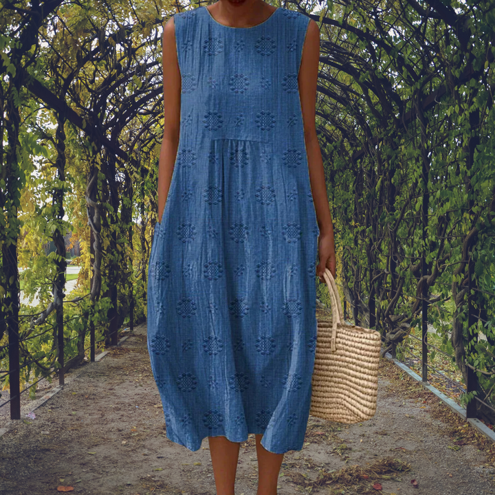Lotte - Vintage Linnen Maxi Jurk Dames met Ronde Hals en Zakken
